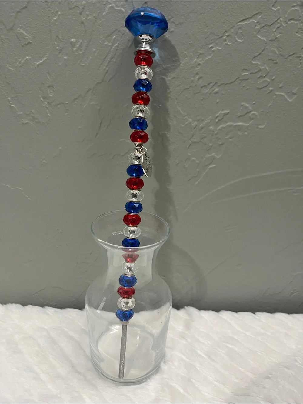 Handmade Fairy Wand Garden Plant Stake Glass Beads Red, White, Blue